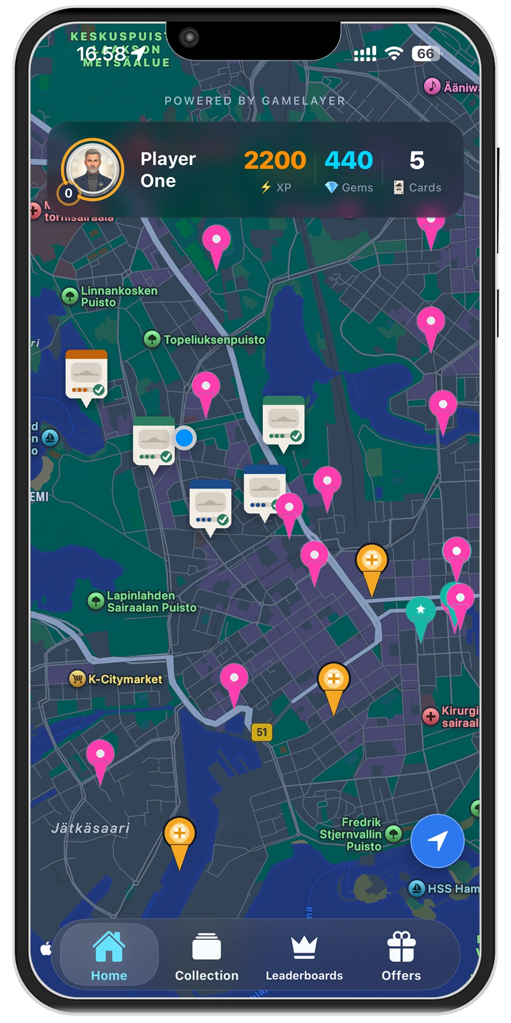 ROAM app map view with location pins and trails across Helsinki