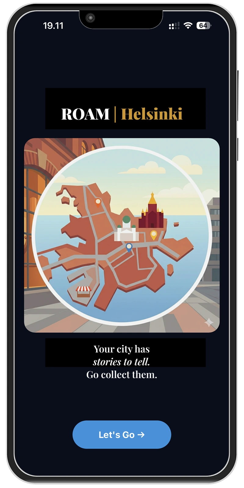 ROAM app — map view of Helsinki locations